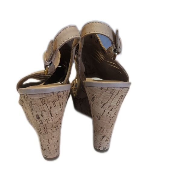 Franco Sarto nude strappy sandals, leather upper, 4.5" wedge heel, 9 - Picture 3 of 7